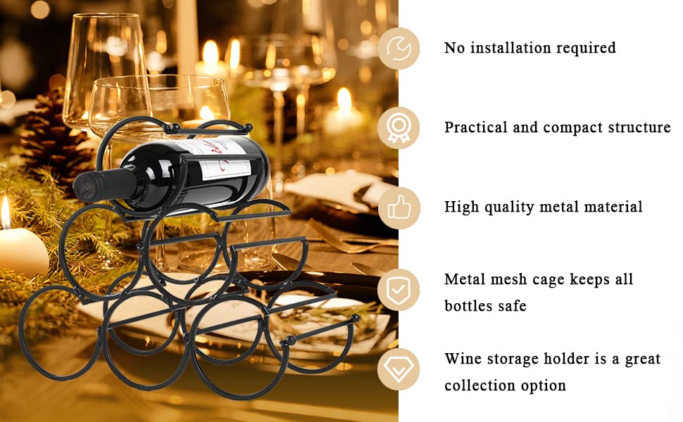 JHY DESIGN Iron Tabletop Wine Rack 11.5''x6''x10.5'' Rustic Wine Bottle Rack Storage Wine Shelf Freestanding Wine Holder Portable Wine Cabinet Mini Bar for Home Counter(6 Bottles Design Dia 3.5inch)