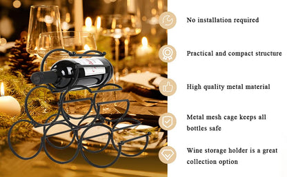 JHY DESIGN Iron Tabletop Wine Rack 11.5''x6''x10.5'' Rustic Wine Bottle Rack Storage Wine Shelf Freestanding Wine Holder Portable Wine Cabinet Mini Bar for Home Counter(6 Bottles Design Dia 3.5inch)
