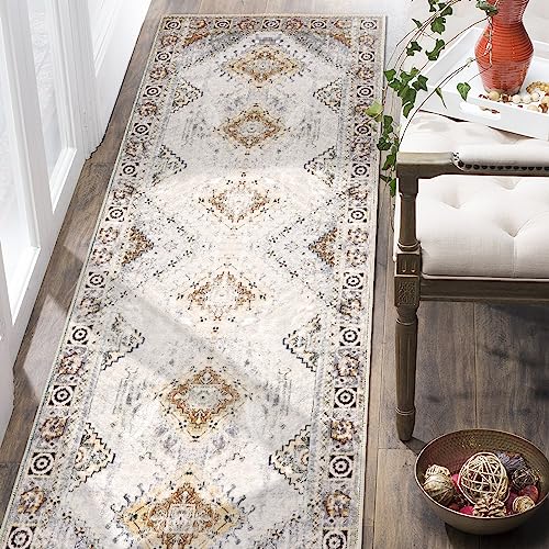 COMSLE Boho Runner Rug, 2x6 Washable Rugs for Hallway Faux Wool Small Rug | Distressed Kitchen Area Rug, Non-Slip Rug, Carpet Runner for Entryway Indoor Bedroom Laundry Room - color: Khaki, size: 2' x 6' (Runner)