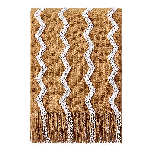 BOURINA Knitted Throw Blanket Boho Chenille Blanket,Dark Gold 50x60Inch | Chenille Throw Blanket Textured Solid Soft Throws and Blankets for Sofa or Bed Knitted Decorative Blanket - color: A-mustard, size: 50"×60"
