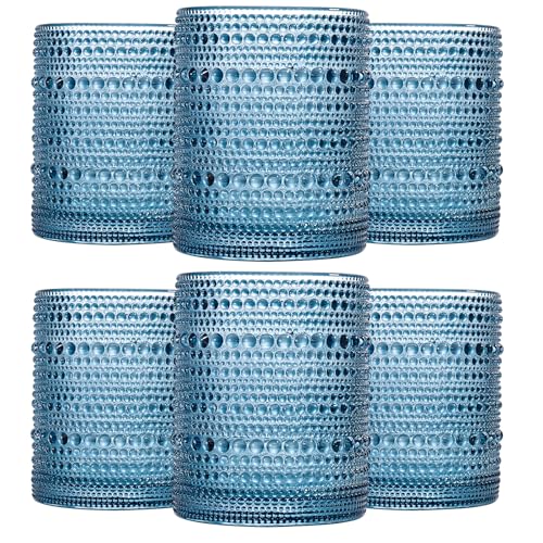 JOVGANK Blue Vintage Hobnail Drinking Glasses Set of 6, Embossed Water Tumbler 12oz, Kitchen & Bar Beaded Glass Cups, Beverage Glass Cups for Water, Beer, Juice, Housewarming Gifts for Party - color: Blue, size: 12 oz