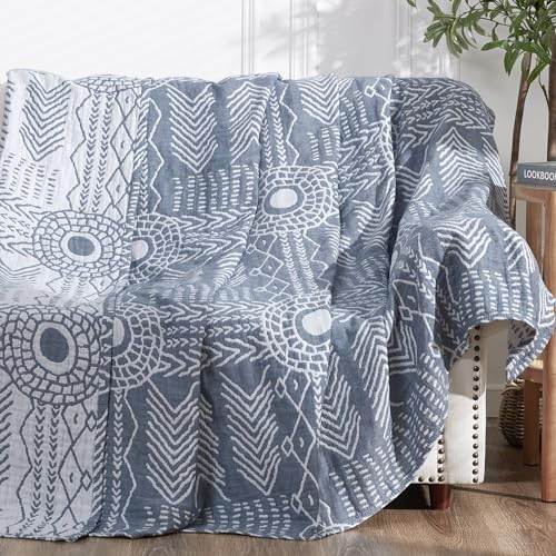 jinchan 100% Cotton Muslin Blanket Twin Boho Throw Blanket 60x80 Blue Gray | 3-Layer, Tribal Geometric Quilt, Cooling Breathable Lightweight, for Adult, Soft, Reversible, Couch, Sofa, Bedroom, Coverlet - color: A. Boho Blue, size: 60"x80"