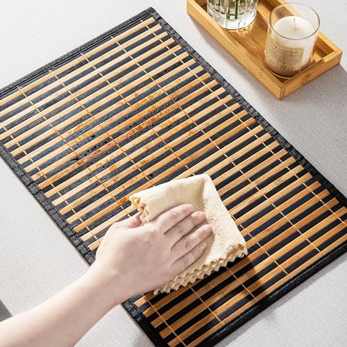 LOVECASA Placemats Set of 6, Bamboo Table Mats Set with Leaf Pattern, 18'' × 12'' Woven Placemat, Washable Heat-Resistant Place Mats for Kitchen, Black Leaf - color: Black