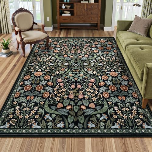 Lahome Dark Botanical Rug, 5x7 Washable Floral Area Rug for Living Room, Soft Moody Vintage Flower Carpet with Non Slip Backing for Bedroom, Dining Room, Nursery - color: Black, size: 5' x 7'