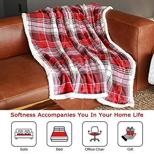 Christmas Red Buffalo Plaid Sherpa Throw Blanket, Reversible Super Soft Warm Comfy Fuzzy Snuggly Micro Fleece Plush Holiday Throws for Couch Sofa Cabin Decro - color: Red Plaid