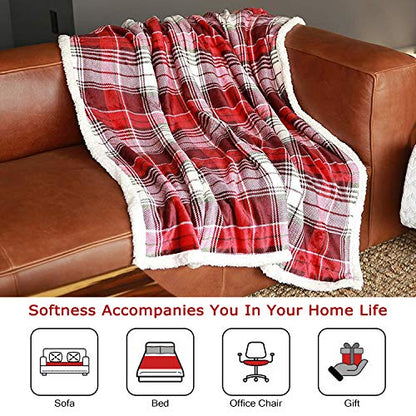 Christmas Red Buffalo Plaid Sherpa Throw Blanket, Reversible Super Soft Warm Comfy Fuzzy Snuggly Micro Fleece Plush Holiday Throws for Couch Sofa Cabin Decro - color: Red Plaid