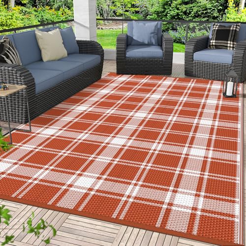 GENIMO Outdoor Rug, Waterproof Plastic Rugs for Patio, 6'x9' Orange Plaid | Outside Larger Modern Carpet Mat for Porch Decor, Deck, Balcony, Camping, RV, Backyard, Picnic, Beach, Reversible, Foldable - color: Orange Plaid, size: 6' x 9' (Rectangular)
