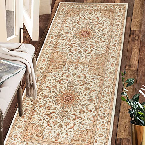 COMSLE Boho Washable Runner Rug for Hallway Faux Wool Small Area Rug 2 x 8 | Distressed Throw Rug, Non-Slip Carpet, Runner for Entryway, Laundry Room, Indoor Bedroom, kitchen - color: Cream/Beige-2, size: 2' x 8' (Runner)