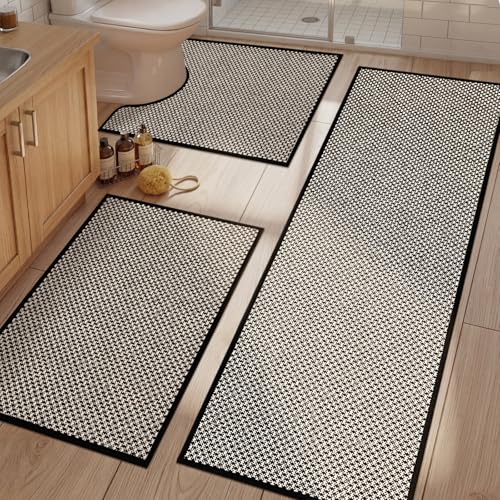 Thin Bath Mat Black Bathroom Rugs Sets 3 Pieces, Non Slip Absorbent Bath Mats Quick Dry, Woven Braided Rugs Washable,Tapetes para Baño for Bathroom,Bathtub(17.5"x24"U+17"x24"+17"x47") - color: Black, size: 3Pieces(17.5"x24"U+17"x24"+17"x47")