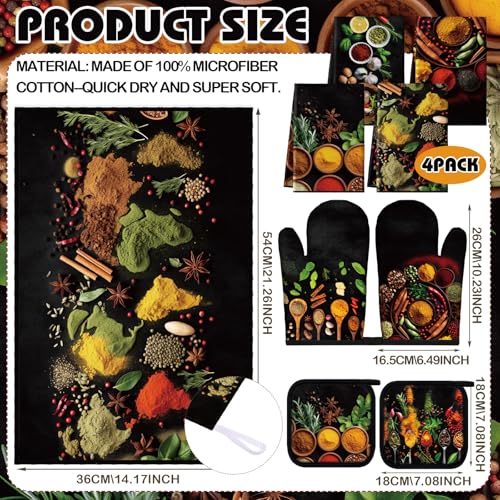Teenyyou 8 Pcs Colorful Spices Kitchen Towels Pot Holders and Oven Mitt Set 4 Cooking Herb Dish Towels 2 Rustic Absorbent Square Potholders 2 Heat Resistant Glove for Cooking Baking Home Gifting - style: Colorful Spices