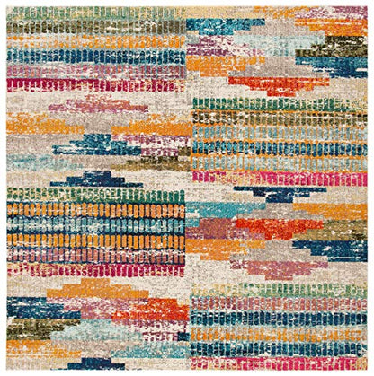 SAFAVIEH Madison Collection Area Rug - 6'7" Square, Ivory & Multi, Boho Abstract Distressed Design, Non-Shedding & Easy Care, Ideal for High Traffic Areas in Living Room, Bedroom (MAD417C) - size: 6'7" x 6'7" (Square)