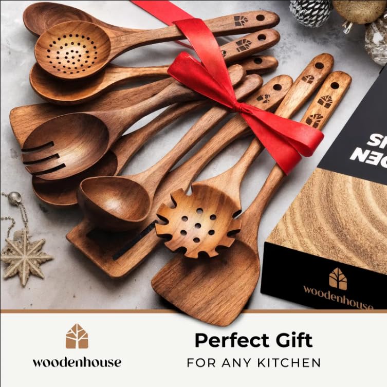 Wooden Spoons for Cooking, 10 Pcs Teak Wood Utensil Set for Nonstick | Durable, Heat Resistant & Food-Safe with Ergonomic Handles – Woodenhouse Kitchen Cookware - size: 10 Piece Set