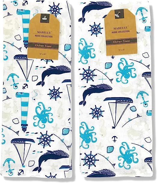 Summer Kitchen Pot Holder Oven Mitt Dish Towel Set: Fun Navy White Aqua Nautical Coastal, 5 pc Set (Coastal) - color: Coastal Set