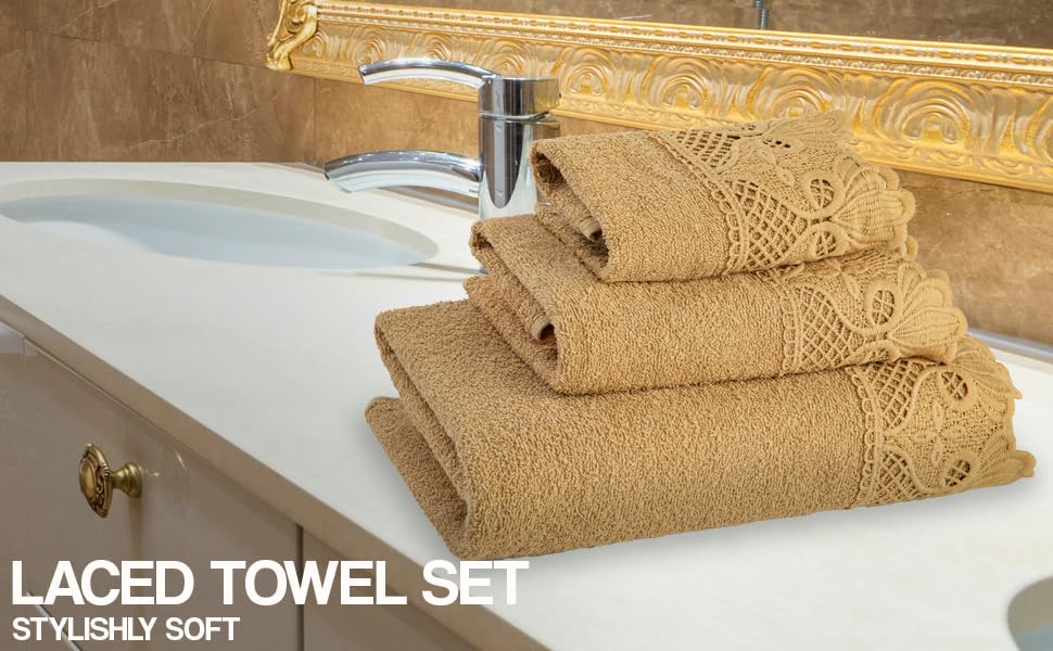 Zahari Home 3 Piece Laced Towel Set - Stylish Soft Plush Cotton Towels with Hand Towel & Washcloth - Highly Absorbent Towels for Bathroom, Gym, Hotel & Spa (Macramee Gold) - color: Macramee-gold