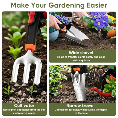 Joyfair Gardening Tools, 8 Pcs Stainless Steel Heavy Duty Garden Tool Set | 1.35MM Thickness, Rust-Proof & Easy Clean, Less Prone to Breakage, Ergonomic Contoured Grip, Suitable for Garden Weeding Work