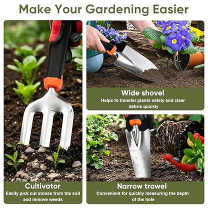 Joyfair Gardening Tools, 8 Pcs Stainless Steel Heavy Duty Garden Tool Set | 1.35MM Thickness, Rust-Proof & Easy Clean, Less Prone to Breakage, Ergonomic Contoured Grip, Suitable for Garden Weeding Work