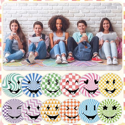 12 Pcs Carpet Circle Seats, 15 Inch Round Classroom Rug, Non Slip Corner Floor Cushion Mat, Circle Time Rug for Living Room, Learning, Playing Areas, Story Time, Group Activity(Happy Face) - style: Happy Face