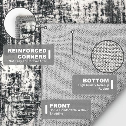 KILOCOCO Abstract Runner Rug 2x6 ft Washable Hallway Runner, Black/Grey | Machine Washable Kitchen Runner, Non Slip Entryway Runner, Printed Carpet Runners, Abstract Floor Runners, Soft Bedside Rug - color: Black/Grey, size: 2' x 6' (Runner)