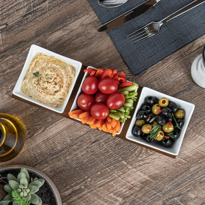 Restaurantware-15 Ounce Bowl Set with Tray - 1 Dishwashable Serving Set, Includes 3 Porcelain Bowls And 1 Bamboo Tray, Durable, White Porcelain And Bamboo Bowl And Platter Kit, Reusable, Freezable - size: Triple set, style: Cocktail