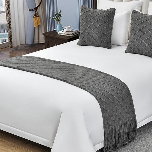 Cotton Knit Bed Runners King Size,Decorative Boho Bed Scarf with Tassel,Soft Solid Color Woven Beds Throw Blanket for Bedroom Home Hotel (Dark Gray Diamond Shape 45x45cm/only Pillowcase) - color: Dark Gray Diamond Shape, size: 45x45cm/only pillowcase