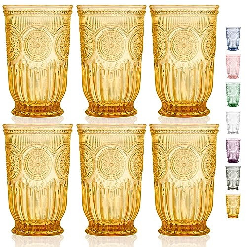 Amber Highball Glasses Set of 6 10 oz Vintage Hobnail Tall Drinking Glasses - color: Amber, size: Tall