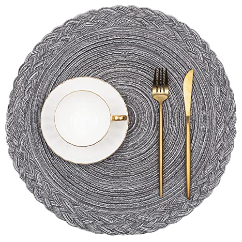 SHACOS Round Placemats Set of 6 Woven Round Table Mats 15 inch Braided Border Washable Cotton Polyester Circle Place Mats, Gray (Pack of 2) - color: Gray, size: 6 pieces (Pack of 2)