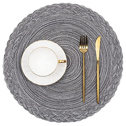 SHACOS Round Placemats Set of 6 Woven Round Table Mats 15 inch Braided Border Washable Cotton Polyester Circle Place Mats, Gray (Pack of 2) - color: Gray, size: 6 pieces (Pack of 2)