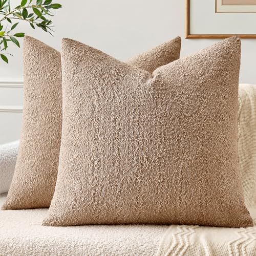 EMEMA Pack of 2, 24 x 24 Inch, Textured Boucle Throw Pillow Covers Cozy Soft Accent Solid Cushion Cases Decorative Camel Pillowcases for Couch Sofa Chair Bedroom Living Room Home Decor - color: Camel, size: 24" x 24" (Pack of 2)