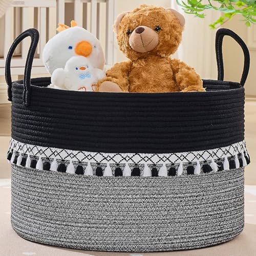 KAKAMAY Large Blanket Basket with Handles, Storage Basket for Living Room | Extra Large Capacity | Natural Cotton Rope | Blanket Storage | Woven Storage Basket | Stuffed Animal Storage | Laundry Basket - color: Black Fringe