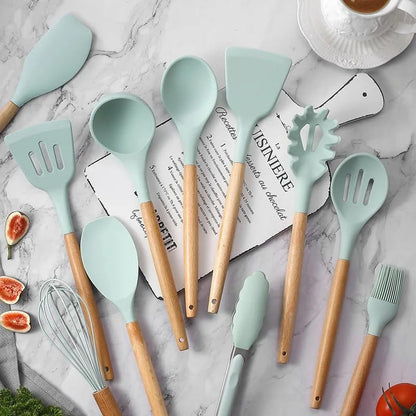 12-Piece Silicone Kitchen Utensil Set: Heat resistant up to 446°F. Includes Turner, Tongs, Spatula, Spoon, Brush, Whisk, Wooden Handles, Holder for Nonstick Cookware. (Light Green), Medium