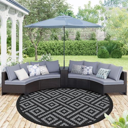 GENIMO Outdoor Rug, Waterproof Plastic Rugs for Patio, 8' Round Black Grey | Outside Larger Modern Carpet Mat for Deck Decor, Porch, Balcony, Backyard, Camping, Picnic, Beach, RV, Reversible, Foldable - color: Black & Grey, size: 8' (Round)