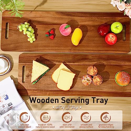 2 Pcs Acacia Wooden Charcuterie Boards Acacia Serving Board with Handle Rectangular Hollow Handle Wood Tray Wooden Serving Platter Wood Server for Cheese Food (36 x 12 Inch ) - size: 36 x 12 Inch