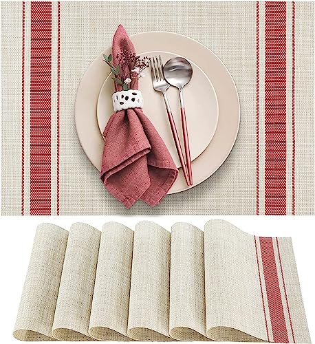 WUBAYI Placemats, Set of 6 Table Mats Heat Resistant Stain Resistant Non-Slip Woven Vinyl Insulation Placemats, Washable Durable Elegant Table Mats for Kitchen Dinning Restaurant(Beige Red) - color: Beige Red