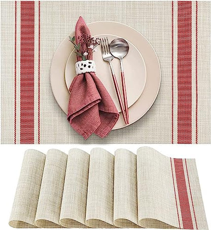 WUBAYI Placemats, Set of 6 Table Mats Heat Resistant Stain Resistant Non-Slip Woven Vinyl Insulation Placemats, Washable Durable Elegant Table Mats for Kitchen Dinning Restaurant(Beige Red) - color: Beige Red