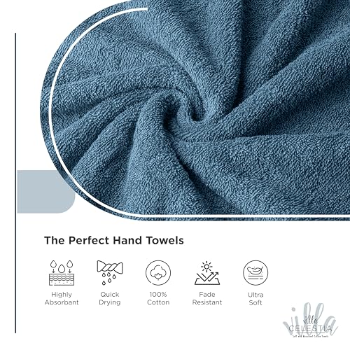 Villa Celestia Cotton Hand Towels Set of 4, 16 x 28, Oeko-TEX Certified, Quick Dry, Blue - color: Blue, size: Hand Towel - Pack of 4
