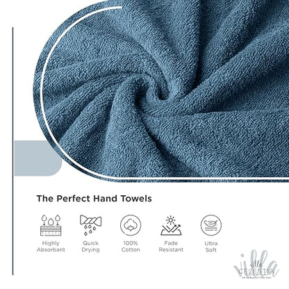 Villa Celestia Cotton Hand Towels Set of 4, 16 x 28, Oeko-TEX Certified, Quick Dry, Blue - color: Blue, size: Hand Towel - Pack of 4