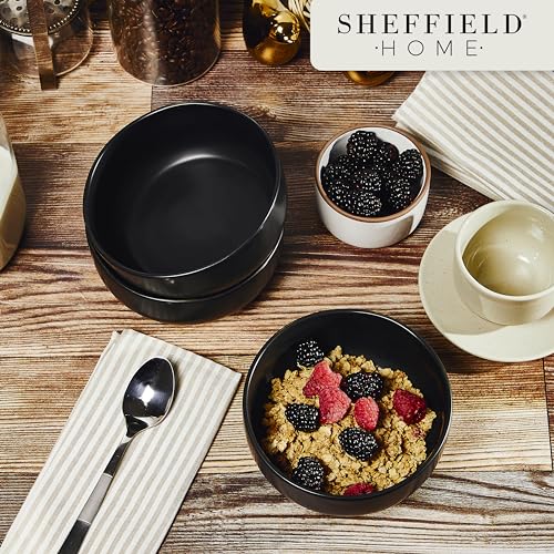 Sheffield Home Large Stoneware Cereal Bowls - Set of 6, 28oz Capacity - Dishwasher & Microwave Safe - 6" Diameter, Stylish & Functional for Everyday Use – Black - color: Black