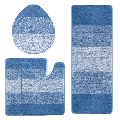 Bsmathom Bathroom Rug Set 4 Piece, Plush Microfiber Bath Mat, Blue | Extra Water Absorbent, Non Slip Washable Runner Bath Rugs with Toilet Lid Cover and U-shaped Contour Toilet Mat - color: Blue, size: 18"x26"+18"x48"+U20"x24"+Cover19"x21"
