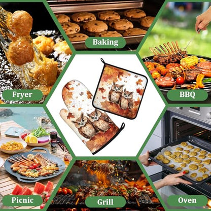 Autumn Maple Owls Oven Mitts and Pot Holders Sets 4 Pcs Silicone Kitchen Gloves Heat Resistant Fall Potholders for Baking Grilling BBQ - color: Fall Owl