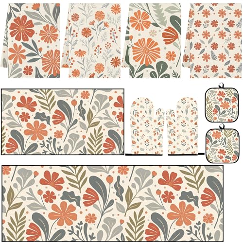 10 Pcs Kitchen Decor and Accessories Set, Floral Orange | Farmhouse Wildflower 4 Dish Towels Kitchen Rugs 2 Oven Mitts 2 Pot Holders, Home Decor for Cooking Baking BBQ Housewarming - color: Boho Floral