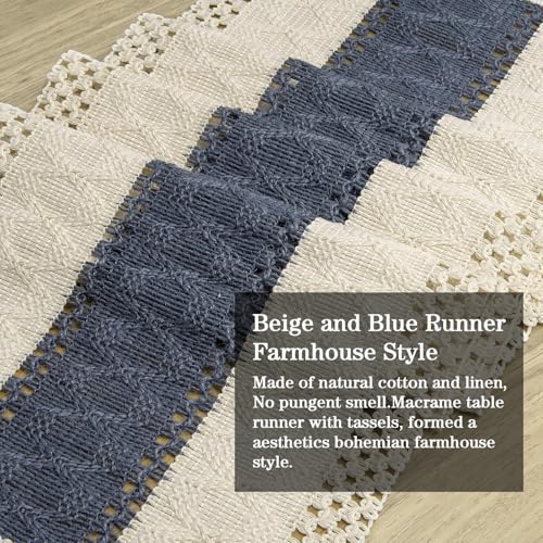 Table Runner 72 Inches Long, Blue and White Table Runner - Farmhouse Coastal Boho Macrame Dresser Runners for Bedroom, Dining & Coffee Table with Tassels - color: Blue, size: 72 inches