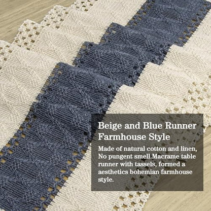 Table Runner 72 Inches Long, Blue and White Table Runner - Farmhouse Coastal Boho Macrame Dresser Runners for Bedroom, Dining & Coffee Table with Tassels - color: Blue, size: 72 inches