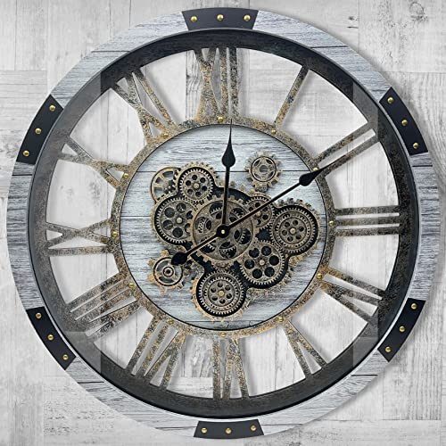 27" Original Moving Gears Wall Clock, Large Industrial Wall Clock for Living Room Decor, Retro Metal Solid Wood Vintage Farmhouse Steampunk Rustic Clocks for Wall Decor,Silver Grey - color: Silver Grey, size: 68cm / 27 inch