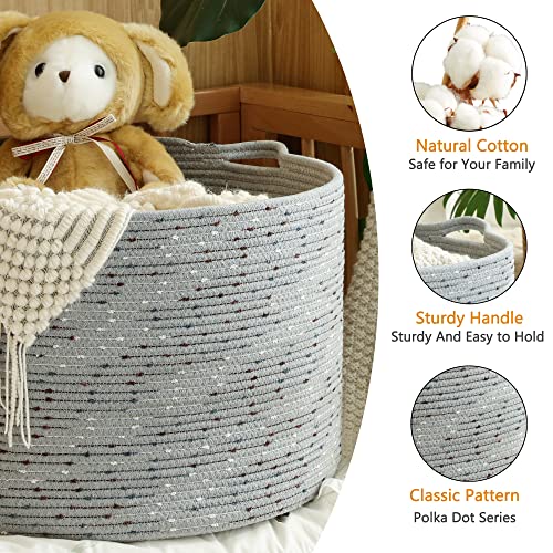 KAKAMAY Large Blanket Basket (20"x13"),Woven Baskets for storage Baby Laundry Hamper, Cotton Rope Blanket Basket for Living Room, Laundry, Nursery, Pillows, Grey with Blue & Brown Dotted | Extra Large Capacity | Natural Cotton Rope | Blanket Storage | Wov