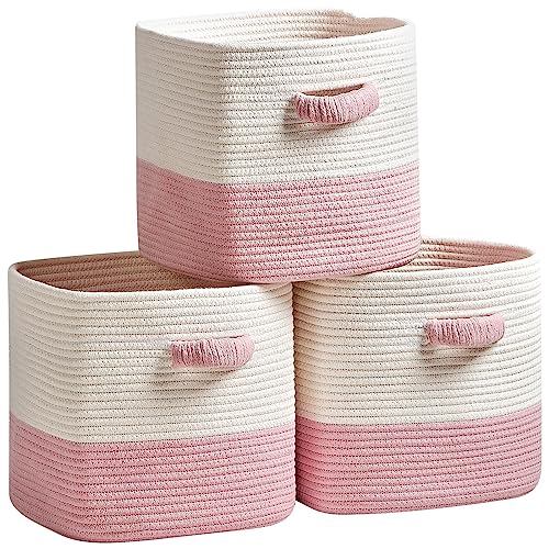 R RUNKA Storage Cube Baskets for Organizing 11 inch-3 Pack- Square Baskets for Cube Storage, Closet Storage Bins - Woven Cube Storage Bins for Shelves- Cube Drawer- Ideal for Toy Storage White & Pink - color: White & Pink