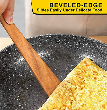 Non Toxic Wood Spatula for Cooking Spoon Teak Wooden Utensil Set Spurtle | Bamboo Kitchen Utensils Flat Turner Spatula Set for Kitchen Use Camping Egg Spatulas Sourdough Food Scraper Stirrer Spoon - size: 2 Pieces 12 Inches