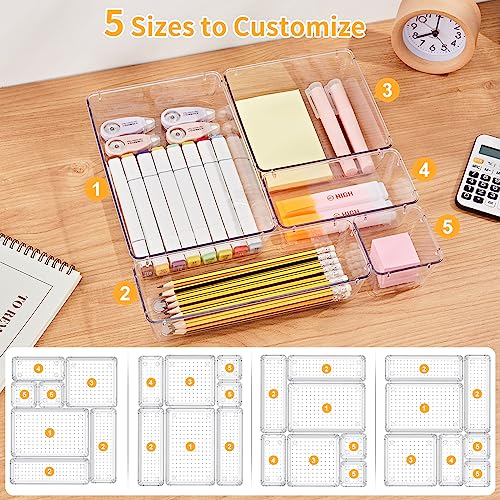 SMARTAKE 22-Piece Drawer Organizer with Non-Slip Silicone Pads, 5-Size | Clear Desk Bathroom Drawer Organizer Trays Storage Tray for Makeup, Jewelry, Utensils in Bedroom Dresser, Office and Kitchen - size: 22 PCS