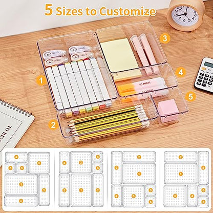 SMARTAKE 22-Piece Drawer Organizer with Non-Slip Silicone Pads, 5-Size | Clear Desk Bathroom Drawer Organizer Trays Storage Tray for Makeup, Jewelry, Utensils in Bedroom Dresser, Office and Kitchen - size: 22 PCS