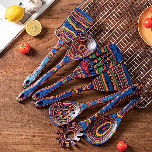 Gudamaye Pakka wood 7-Piece Blue Wooden Cooking Utensils, Wooden Spoons for Cooking, Wooden Spoon Set, Wooden Kitchen Utensil set, Pakkawood Cooking Spoons, Non-Stick Spoon,Pakkawood kitchen utensils - style: Pakkawood 7 PCS Blue