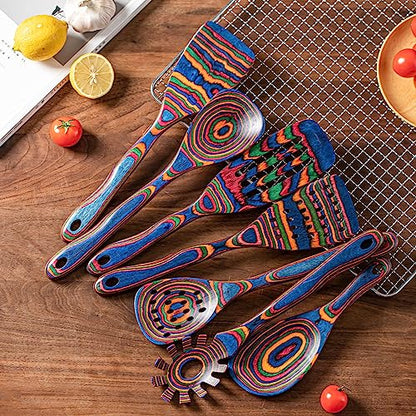 Gudamaye Pakka wood 7-Piece Blue Wooden Cooking Utensils, Wooden Spoons for Cooking, Wooden Spoon Set, Wooden Kitchen Utensil set, Pakkawood Cooking Spoons, Non-Stick Spoon,Pakkawood kitchen utensils - style: Pakkawood 7 PCS Blue